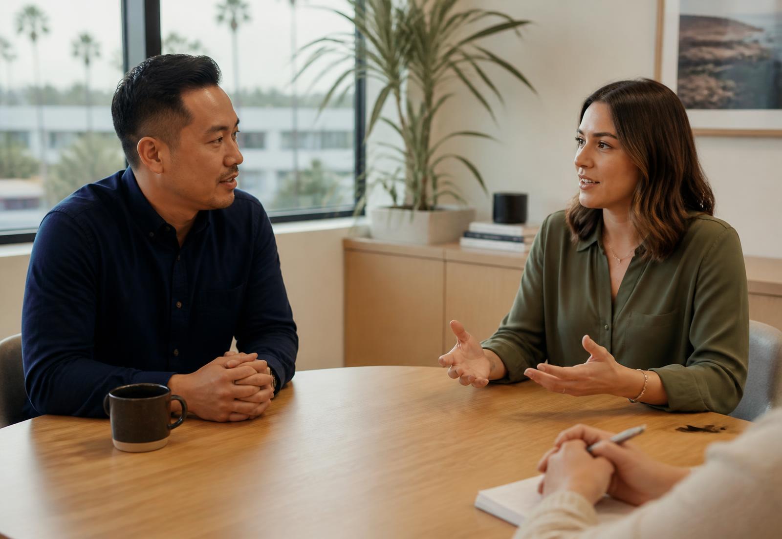 Two people in a calm, facilitated mediation conversation at a table in a bright California office